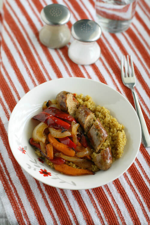 A-simple-and-tasty-dinner-chicken-sausages-peppers-onions-and-curry-spiced-quinoa.-