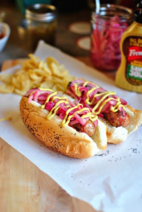 Barbecue-Sauced-Chicken-Brats-with-Pickled-Red-Onion-and-Spicy-Brown-Mustard-l-www.SimplyScratch.com_-620x926