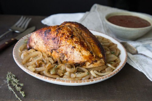 Roast Turkey Breast with Balsamic Caramelized Onions and Glazed Dried Cranberries