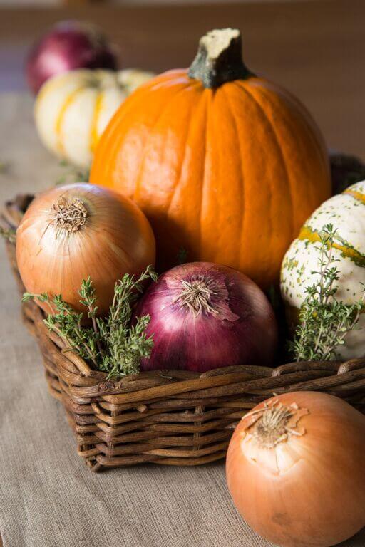 Thanksgiving centerpiece with pumpkins and onions