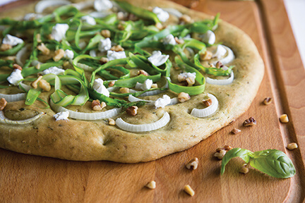 Pesto Flatbread with Sweet Onions and Asparagus