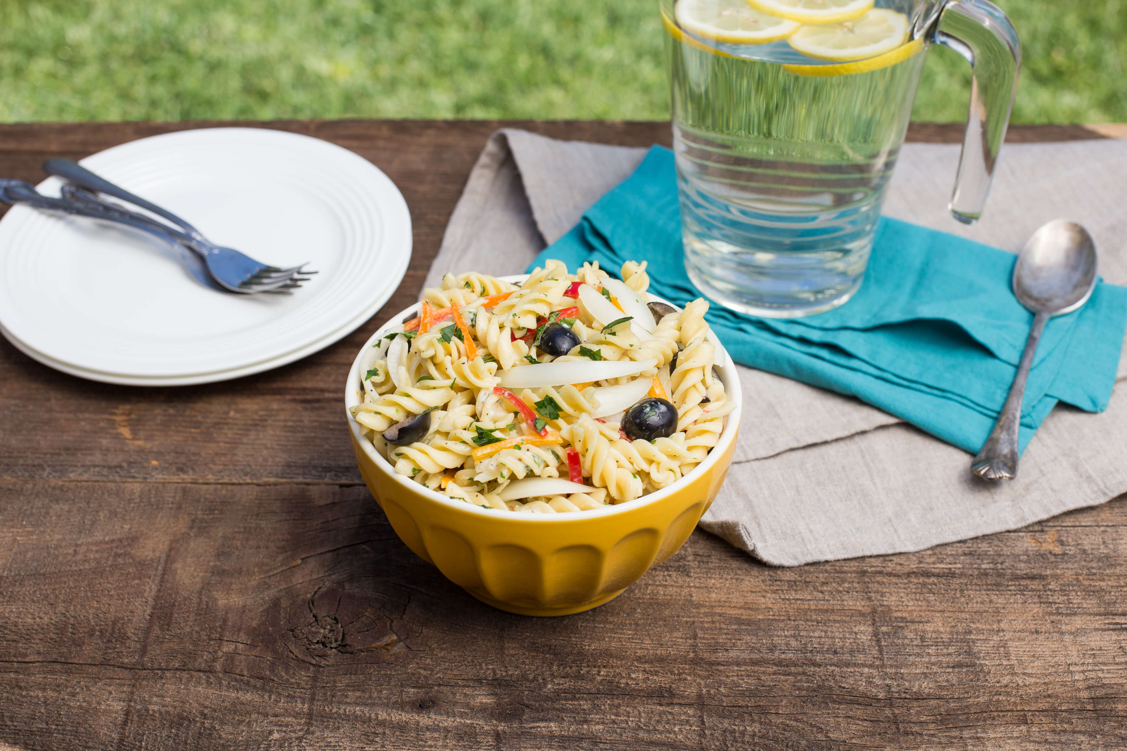 This Sweet Onion Pasta Salad with Creamy Herb Dressing is perfect for a light dinner, side dish or lunch. The touch of sweet onions is perfection.