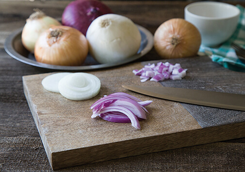 onion slivers, slices, and diced pieces
