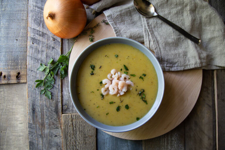 German Potato and Leek Soup with Shrimp