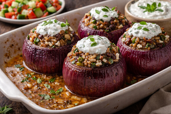 Roasted Greek Stuffed Red Onions