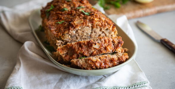 Oniony Meatloaf on white towel