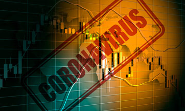 Stamp with Coronavirus text over world map and financial chart.