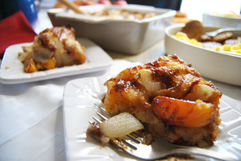 Peach and Onion Coffee Cake on a white plate