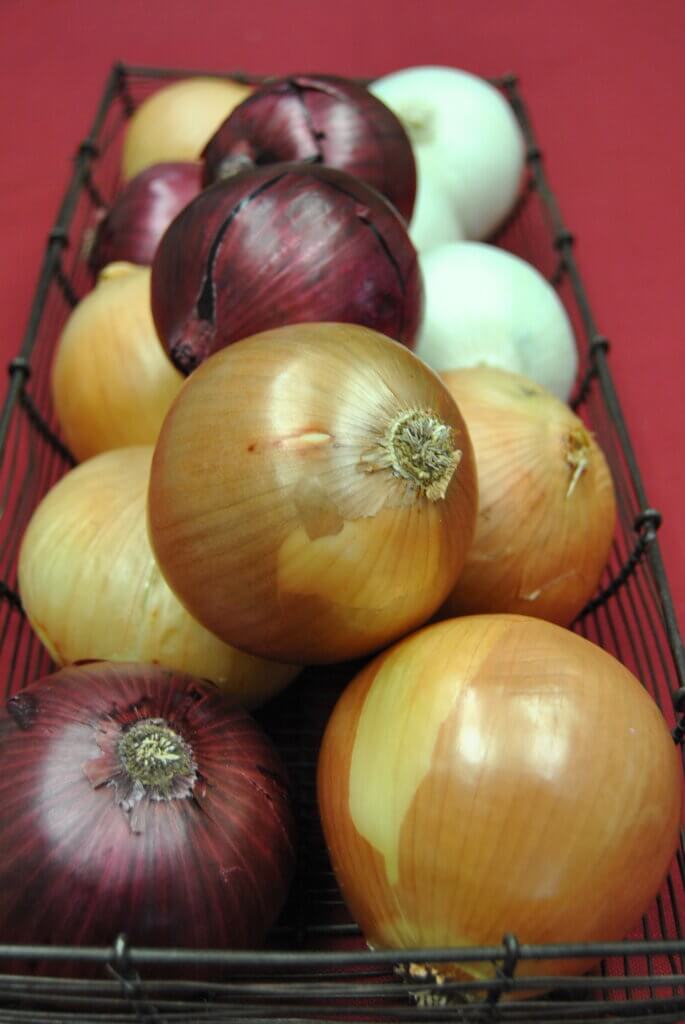 basket of onions on red background
