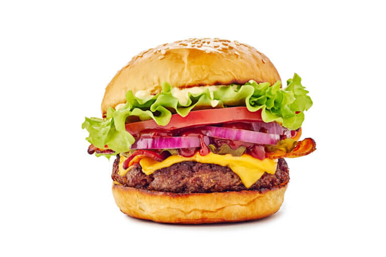 Juicy hamburger isolated on white.