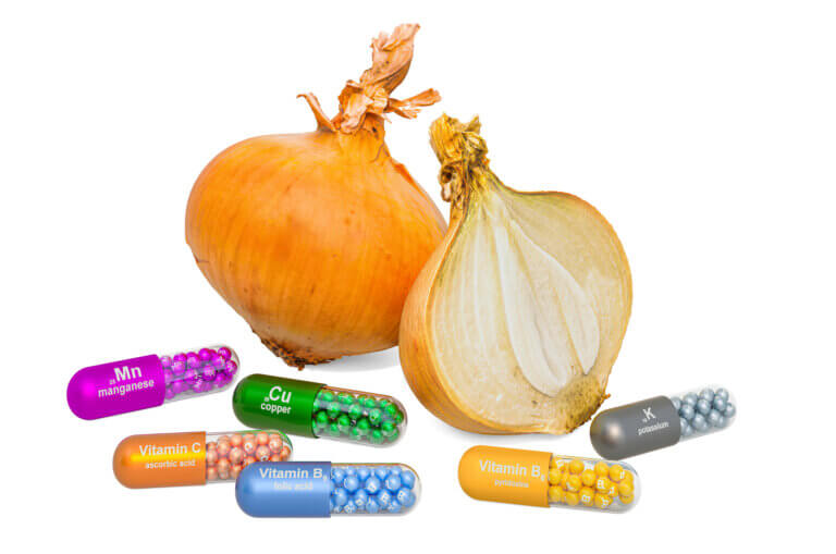 Vitamins and minerals of bulb onion, 3D rendering isolated on white background
