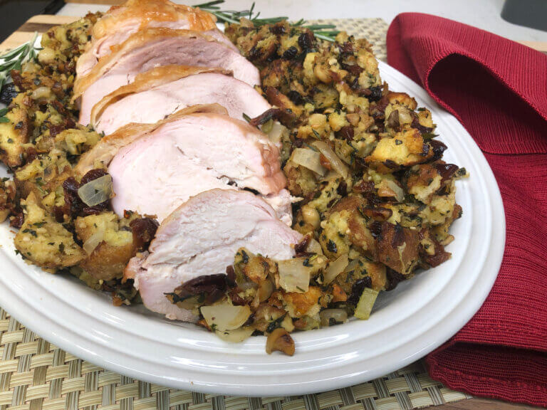 Turkey and Onion-Dried Cherry Stuffing on a white plate