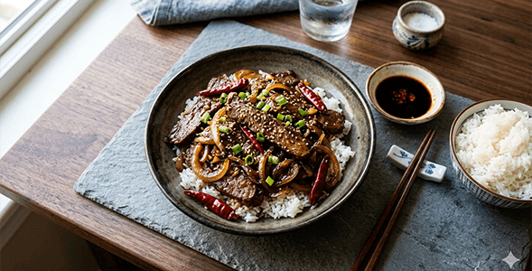 Hot and Spicy Beef and onion on rice