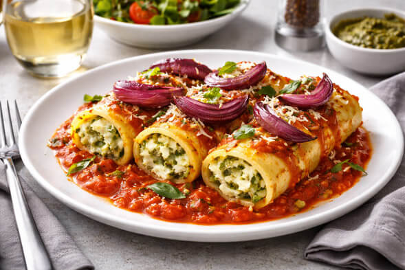 Pesto Onion Ricotta Lasagna Rolls